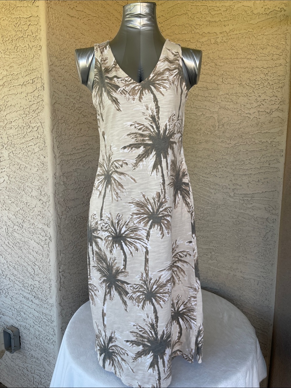 Belle by Kim Gravel Slub Knit Maxi Dress Sandbar Palm Petite Small. Pockets